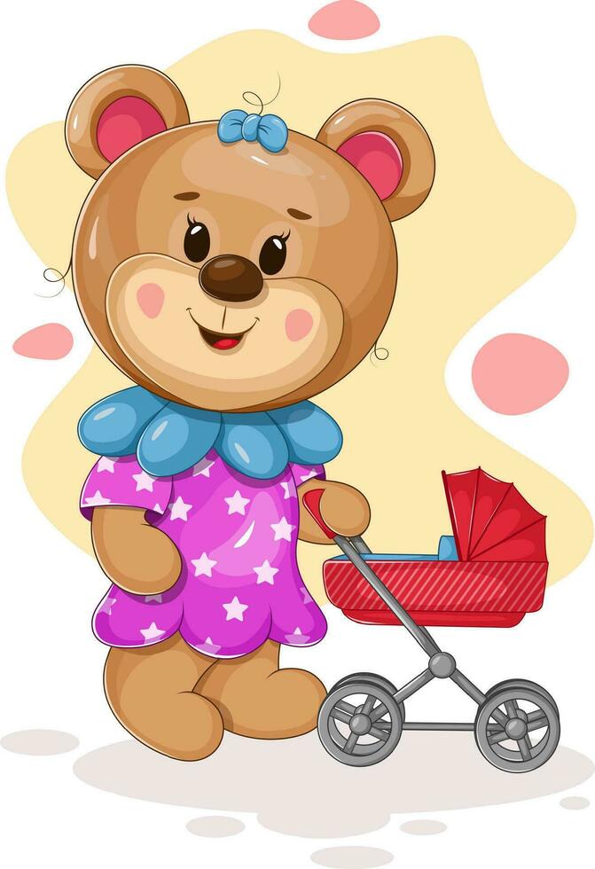 Laughing joyful bear with a bow in a dress and a baby carriage. Vector illustration