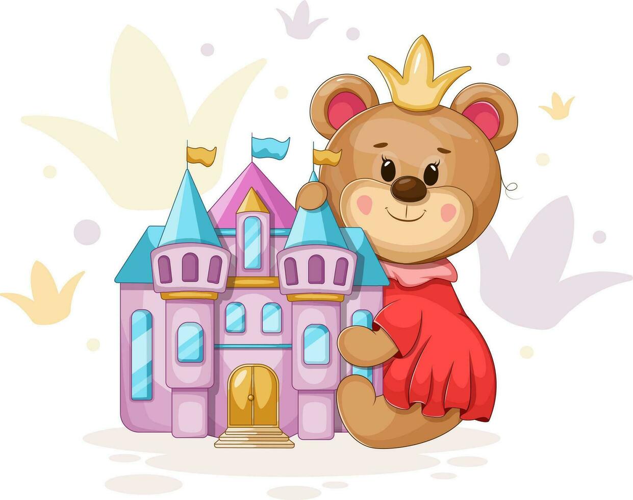 Bear Princess. Magic and joy in a vector illustration of a bear with a crown, dress, and colorful princess castle