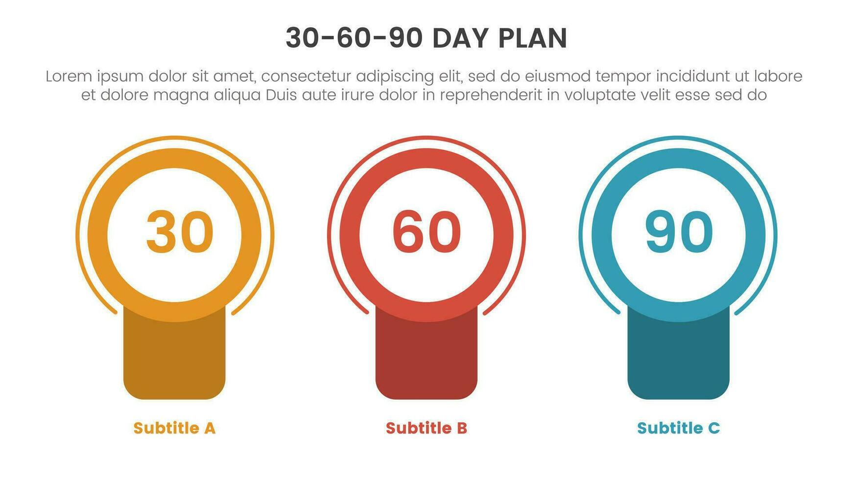 30-60-90 día plan administración infografía 3 punto etapa modelo con Insignia circulo bandera forma concepto para diapositiva presentación vector