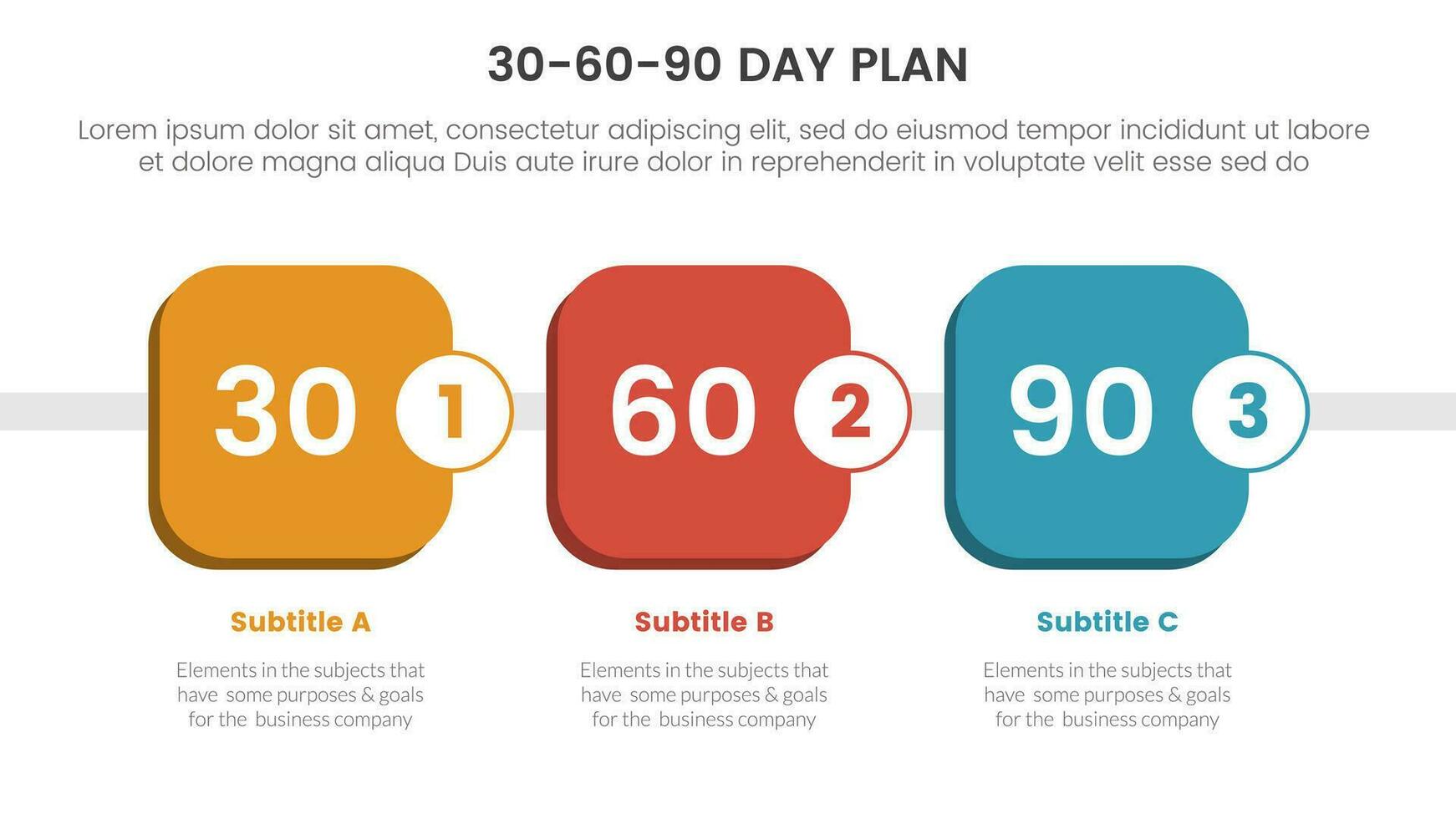 30-60-90 día plan administración infografía 3 punto etapa modelo con redondo cuadrado caja cronograma concepto para diapositiva presentación vector