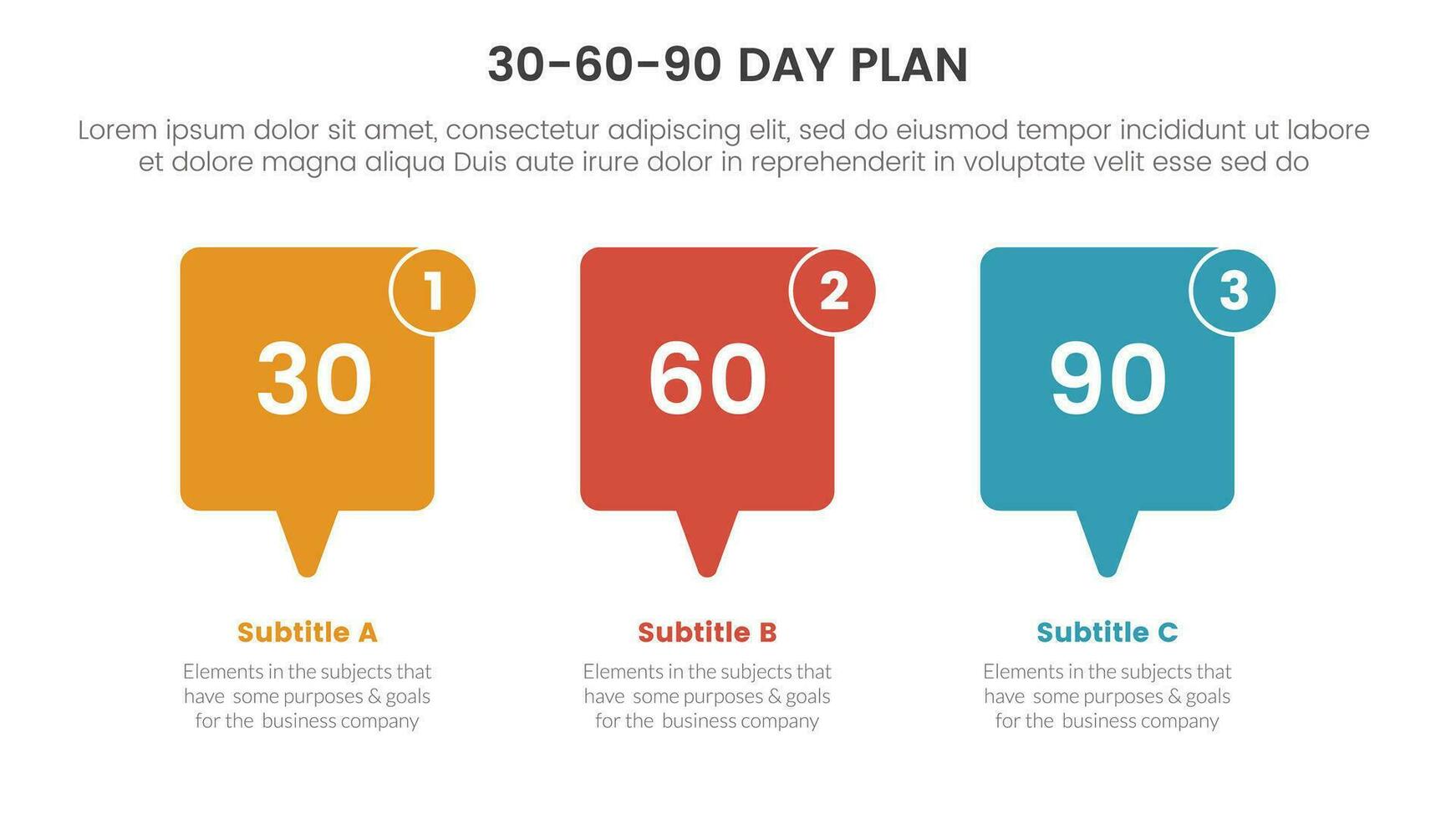 30-60-90 día plan administración infografía 3 punto etapa modelo con gritar caja concepto para diapositiva presentación vector