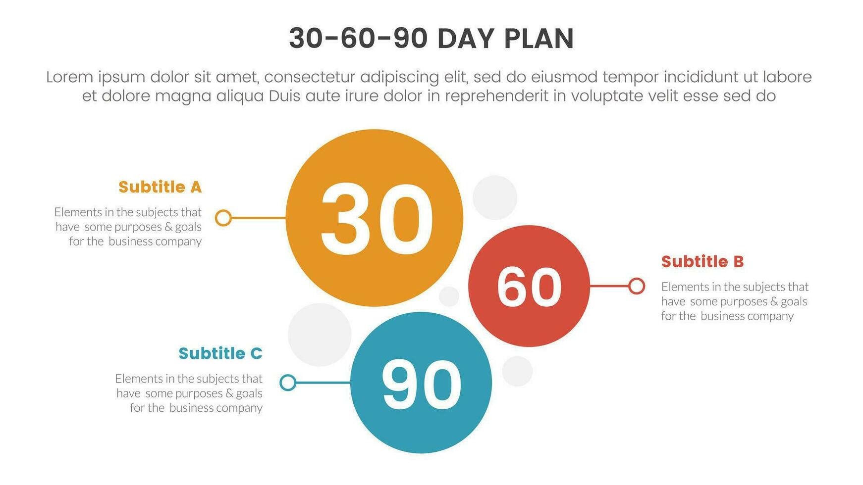 30-60-90 día plan administración infografía 3 punto etapa modelo con vertical circulo dirección concepto para diapositiva presentación vector