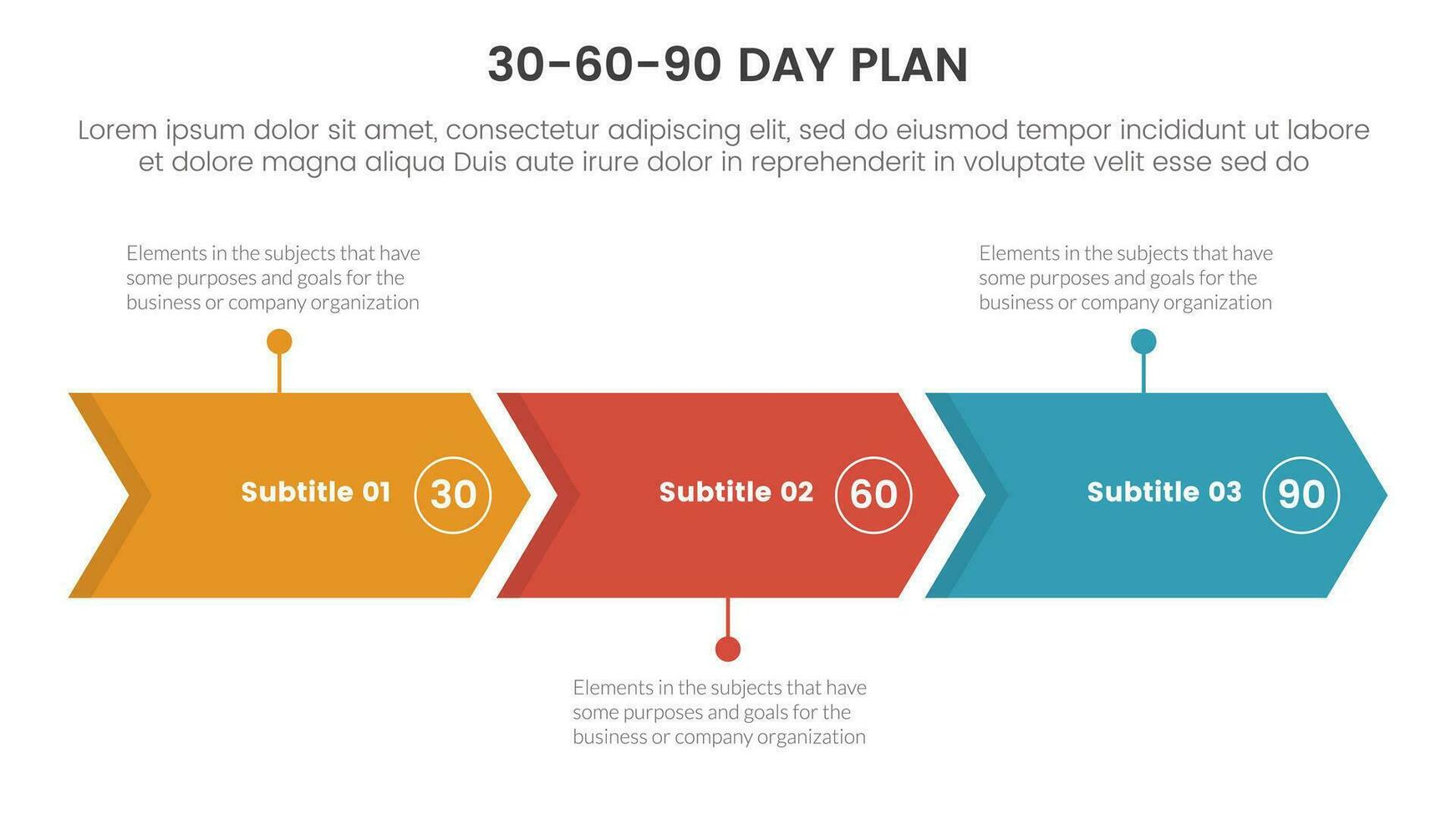 30-60-90 day plan management infographic 3 point stage template with arrow right direction concept for slide presentation vector