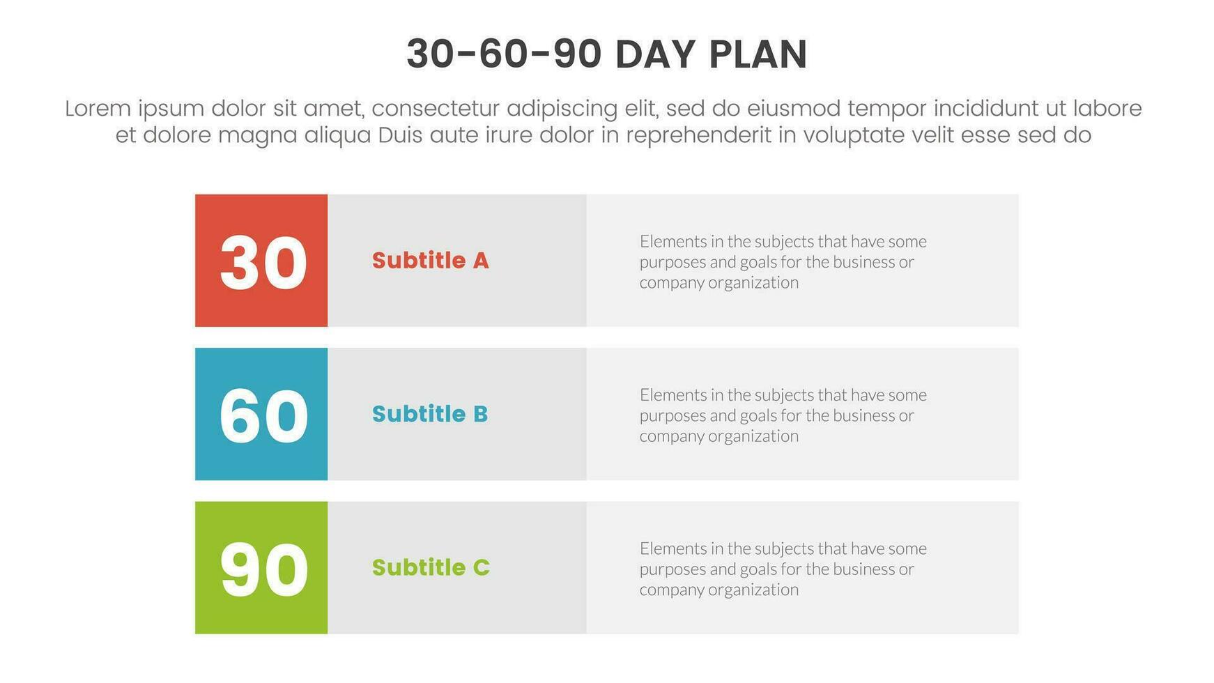 30-60-90 día plan administración infografía 3 punto etapa modelo con 3 bloquear fila rectángulo contenido concepto para diapositiva presentación vector