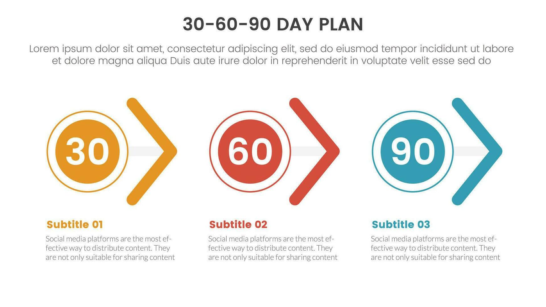 30-60-90 day plan management infographic 3 point stage template with circle and arrow shape right direction concept for slide presentation vector