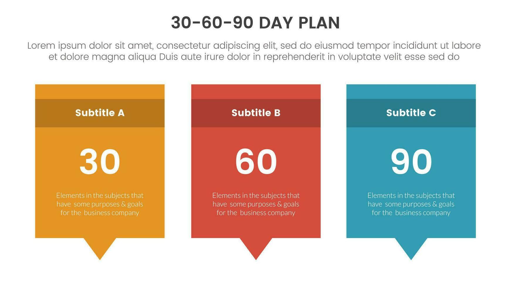 30-60-90 día plan administración infografía 3 punto etapa modelo con rectángulo caja y gritar comentario diálogo concepto para diapositiva presentación vector