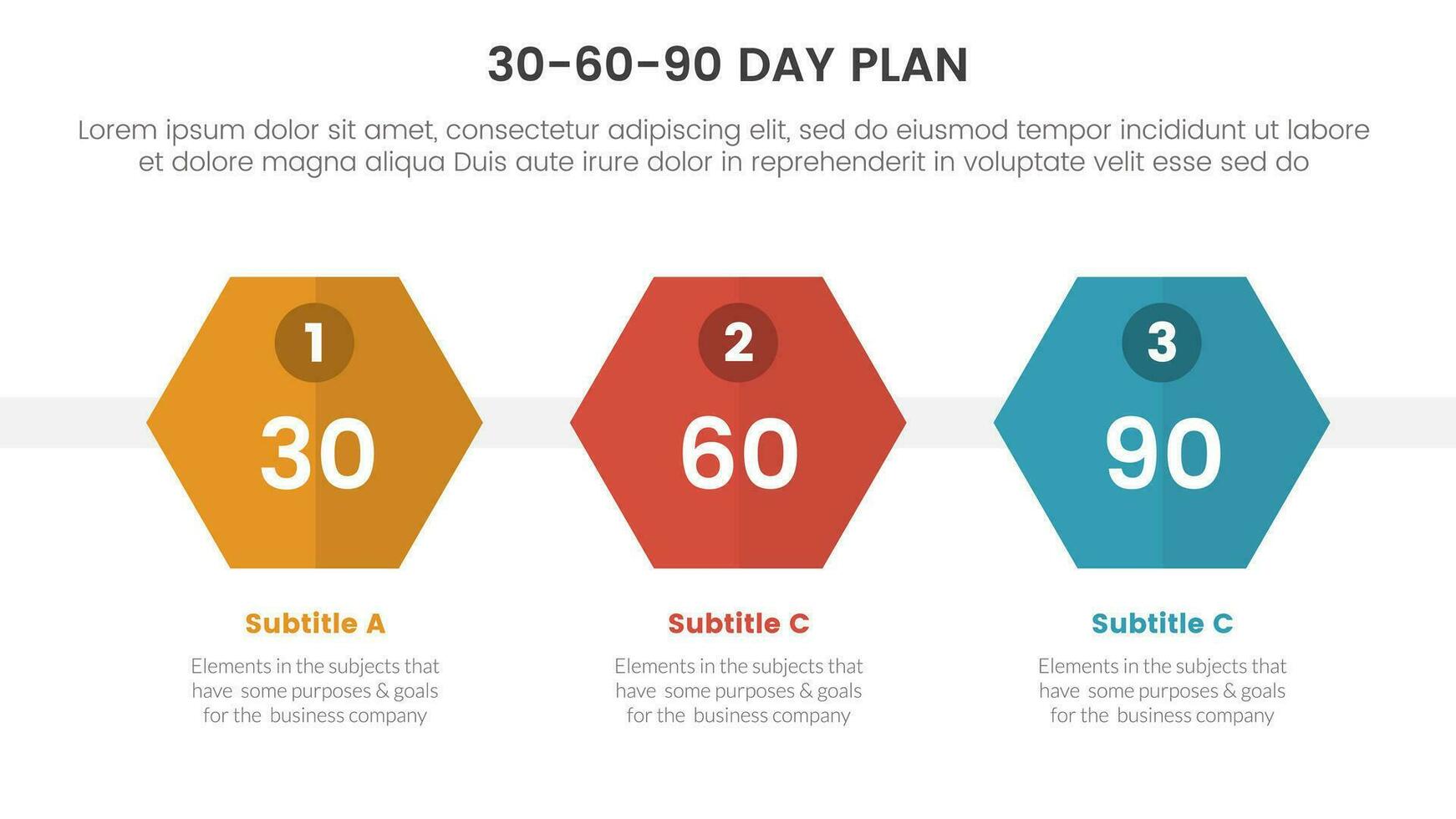 30-60-90 día plan administración infografía 3 punto etapa modelo con panal forma concepto para diapositiva presentación vector