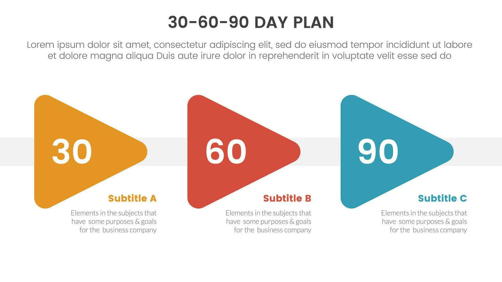 30-60-90 día plan administración infografía 3 punto etapa modelo con vertical panal forma diseño concepto para diapositiva presentación vector