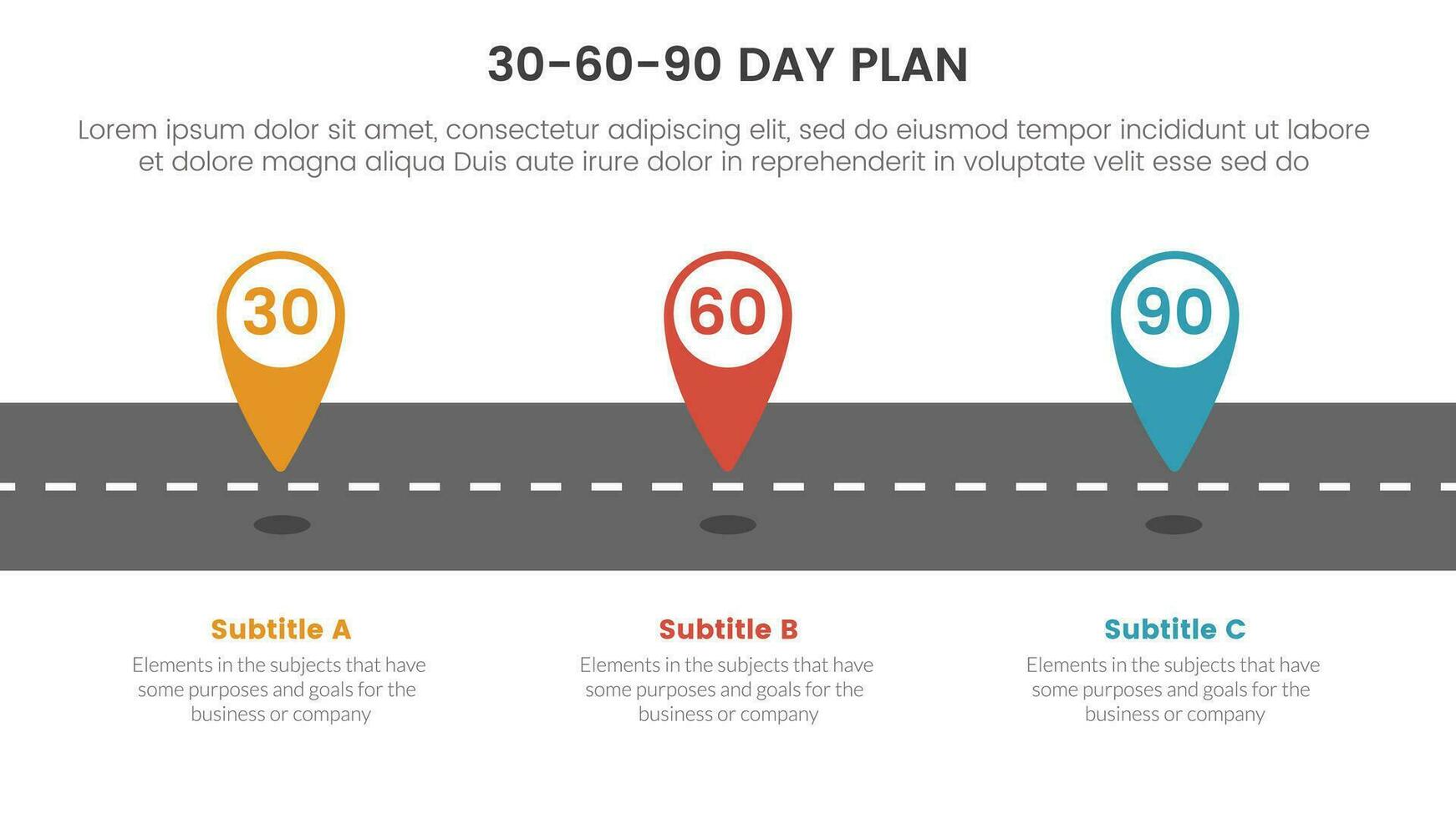 30-60-90 day plan management infographic 3 point stage template with location marker on road concept for slide presentation vector