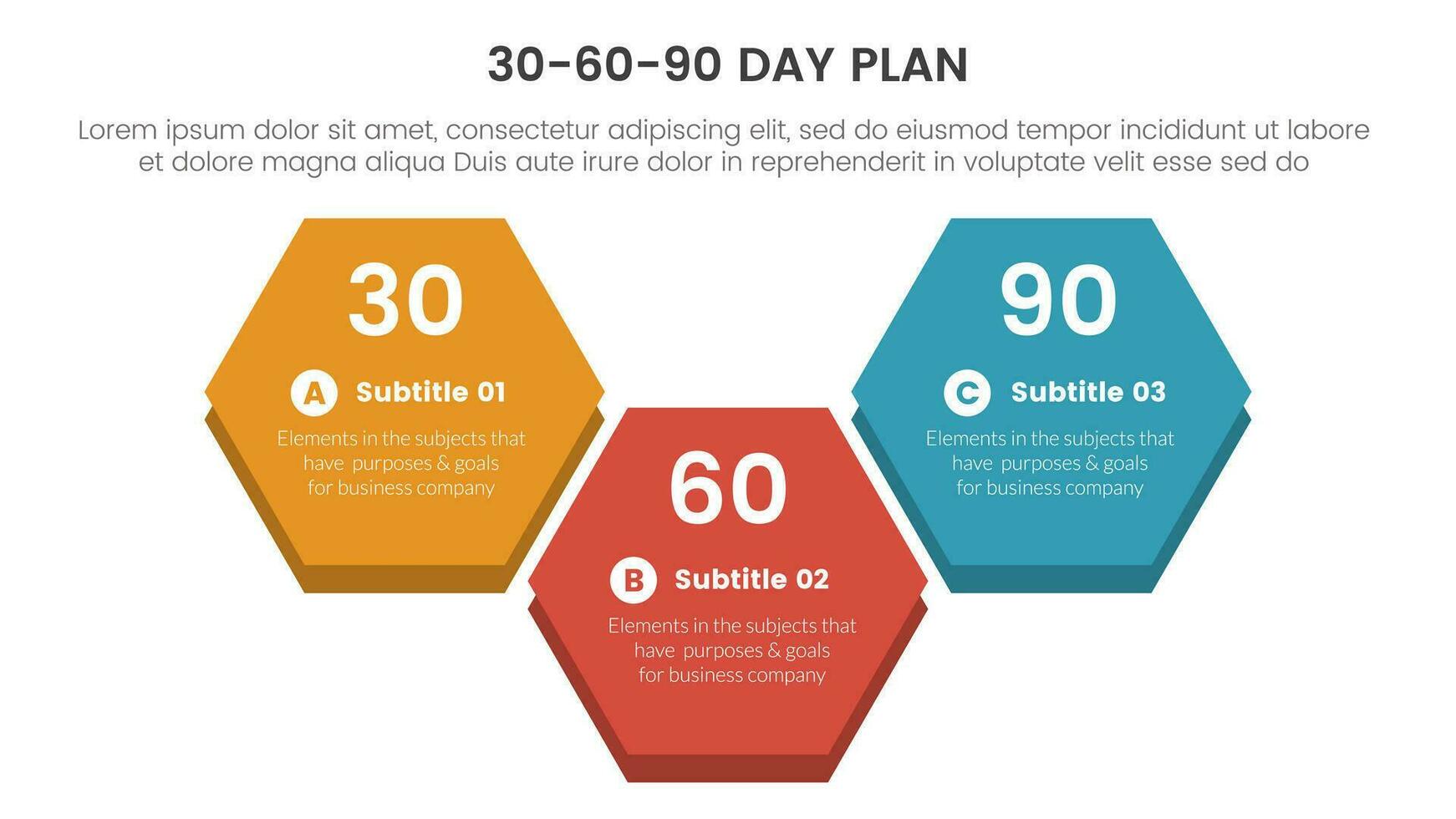 30-60-90 día plan administración infografía 3 punto etapa modelo con grande panal forma concepto para diapositiva presentación vector