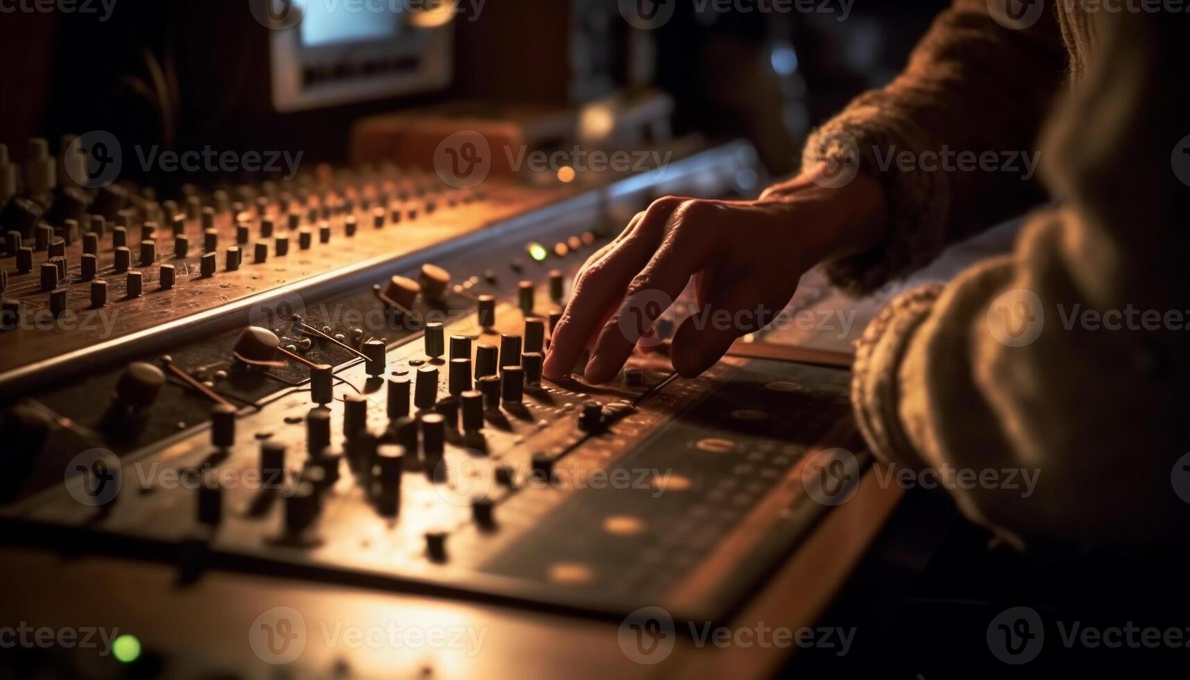 Hand pushing knob on sound mixer in nightclub generated by AI photo