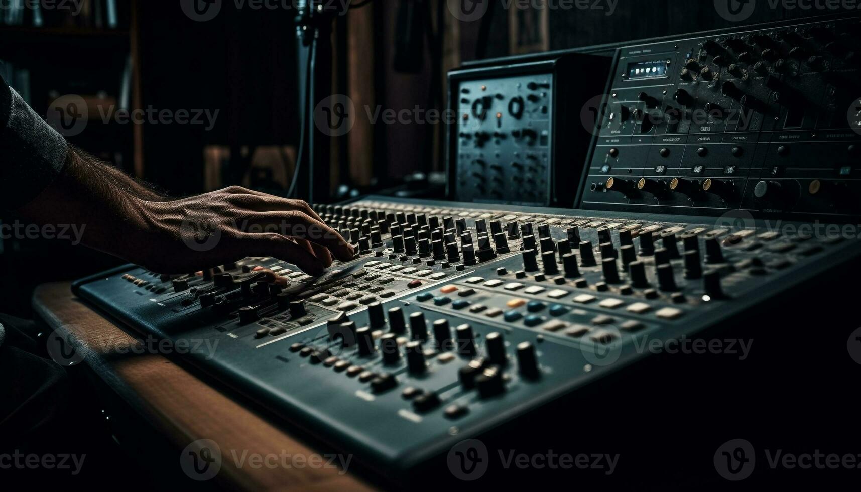 Hand sliding knob on sound mixer panel generated by AI photo