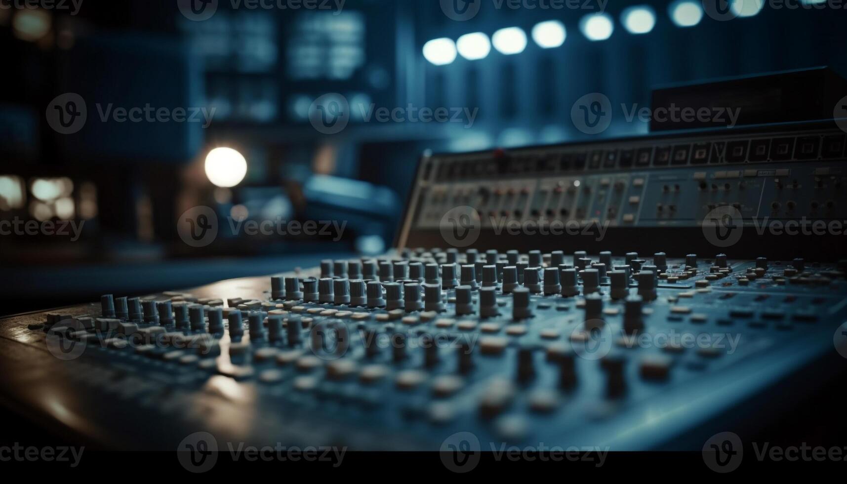 Blue knob controls sound mixer in studio generated by AI photo