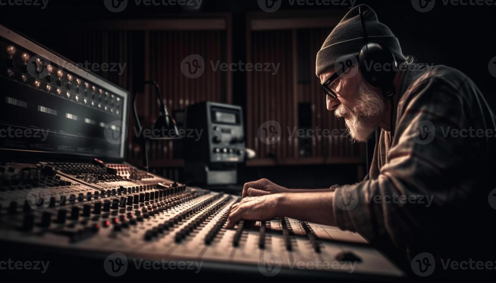 caucásico músico ajustando sonido mezclador en grabación estudio generado por ai foto