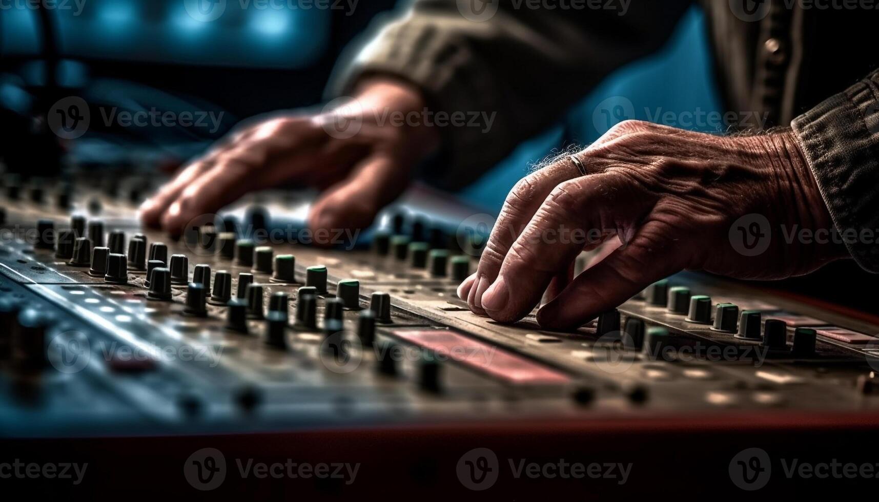 Expert sound engineer adjusts mixer in nightclub performance generated by AI photo