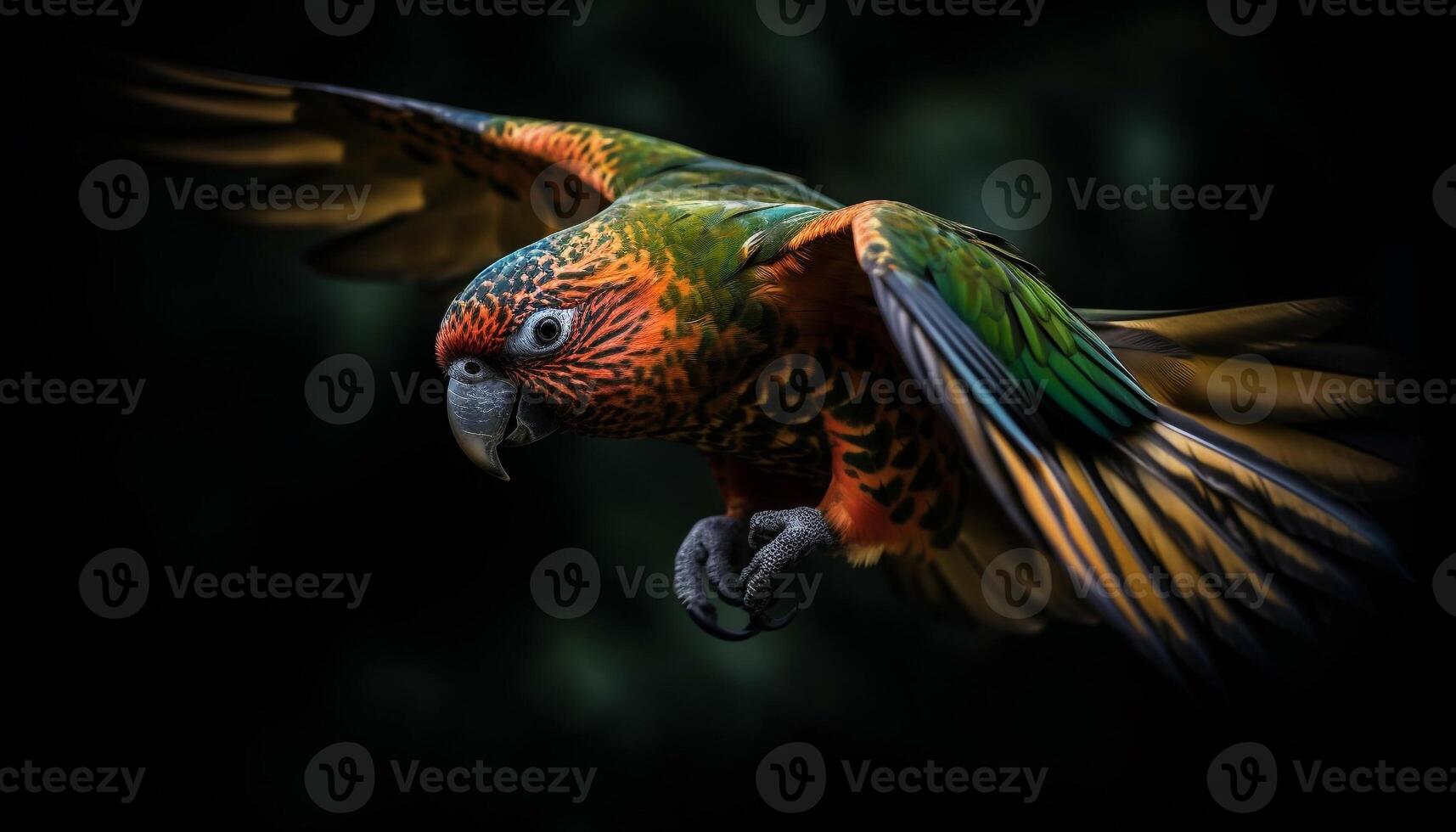 Vibrant macaw perching on branch in forest generated by AI photo