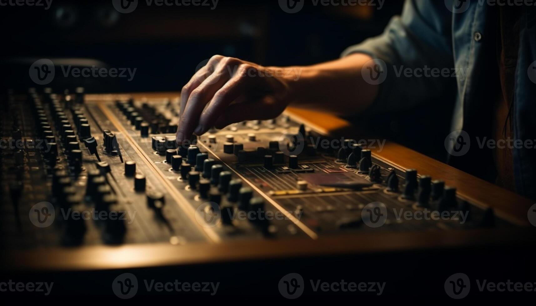 Hand adjusting knob on sound mixer equipment generated by AI photo