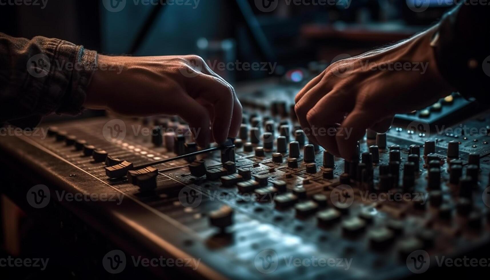 Expert sound engineer adjusting mixing equipment at nightclub generated by AI photo