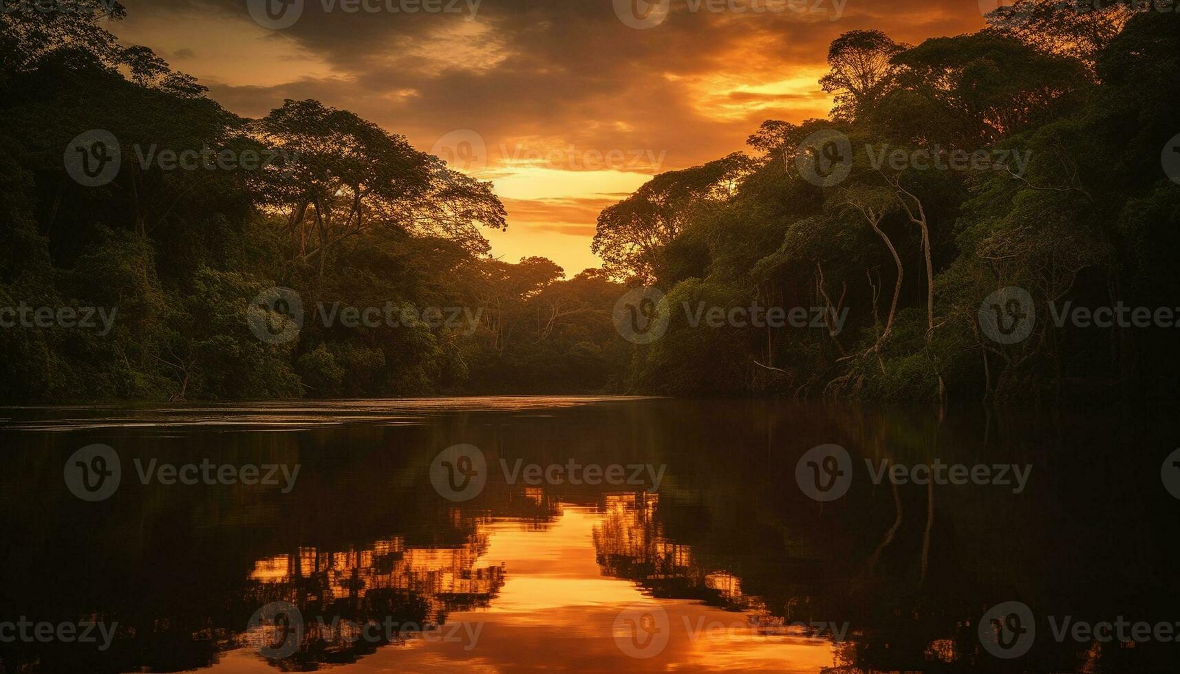 tranquilo puesta de sol terminado bosque refleja en agua generado por ai foto