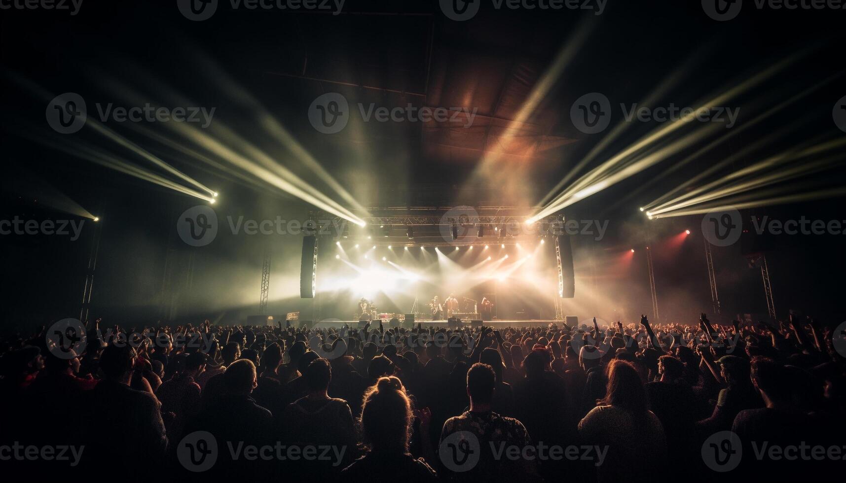 Glowing stage light illuminates cheering rock fans generated by AI photo