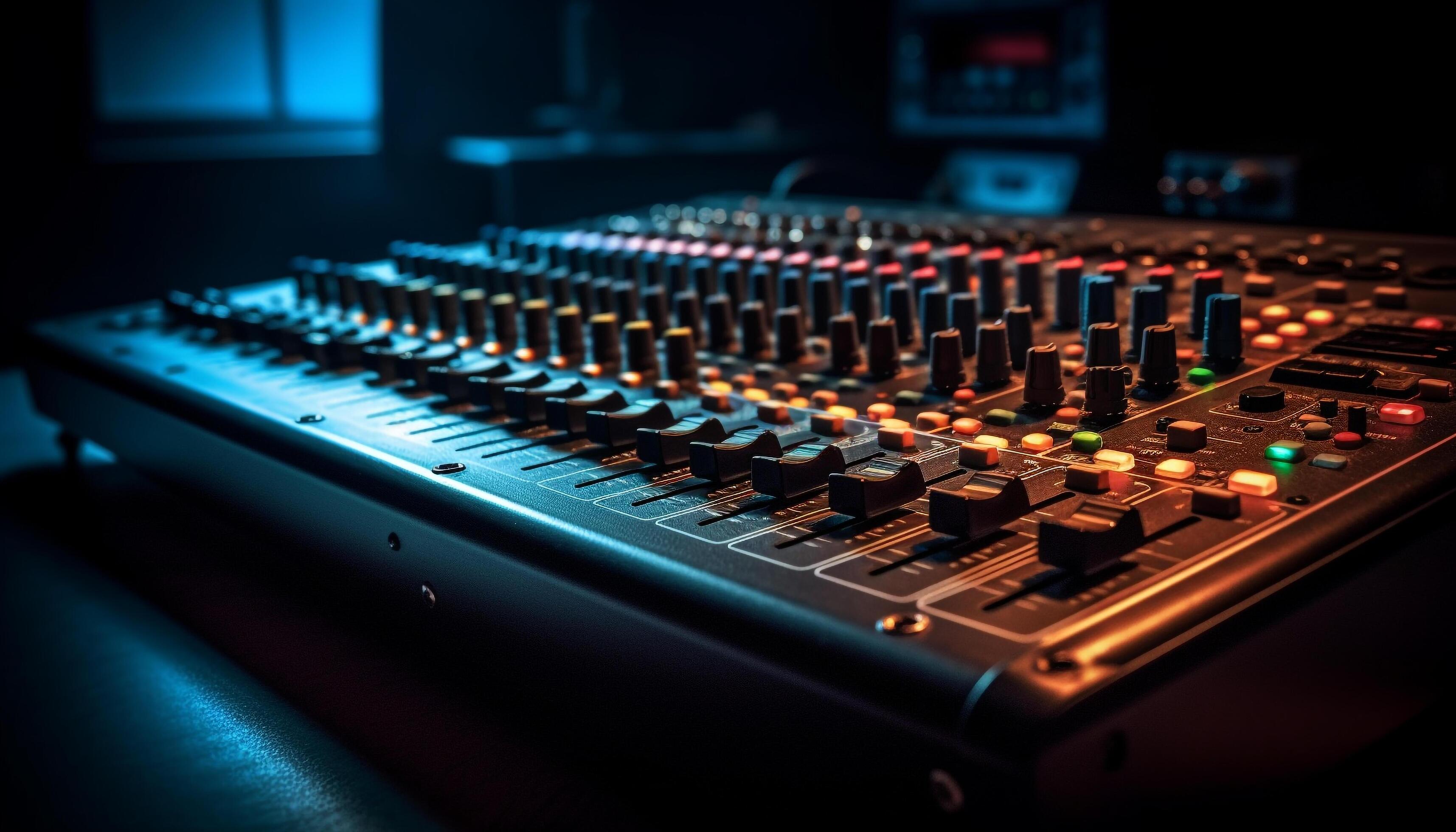 Electric mixer knob adjusting sound in recording studio generated by AI