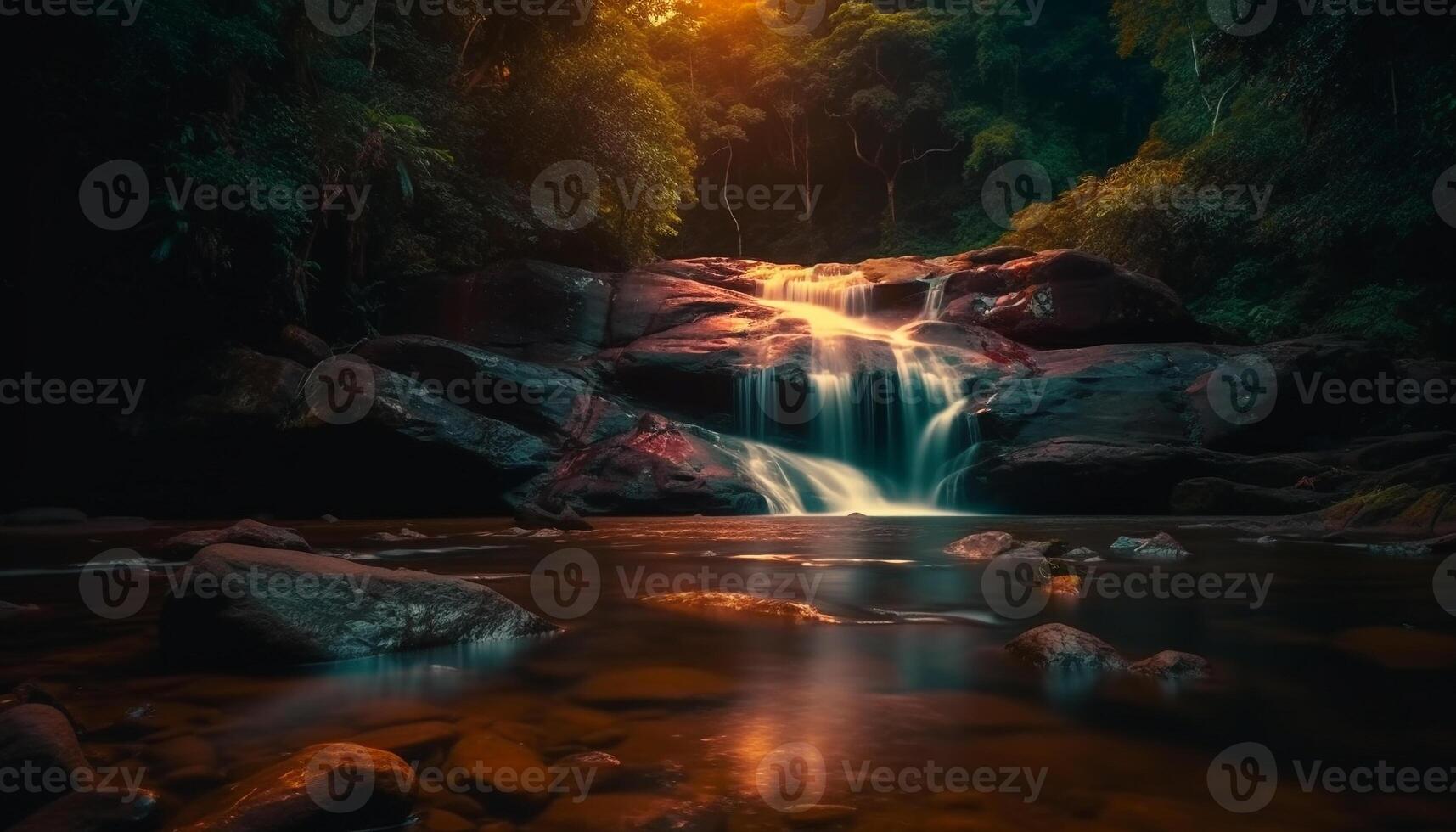 suave agua fluido terminado rocas en bosque generado por ai foto