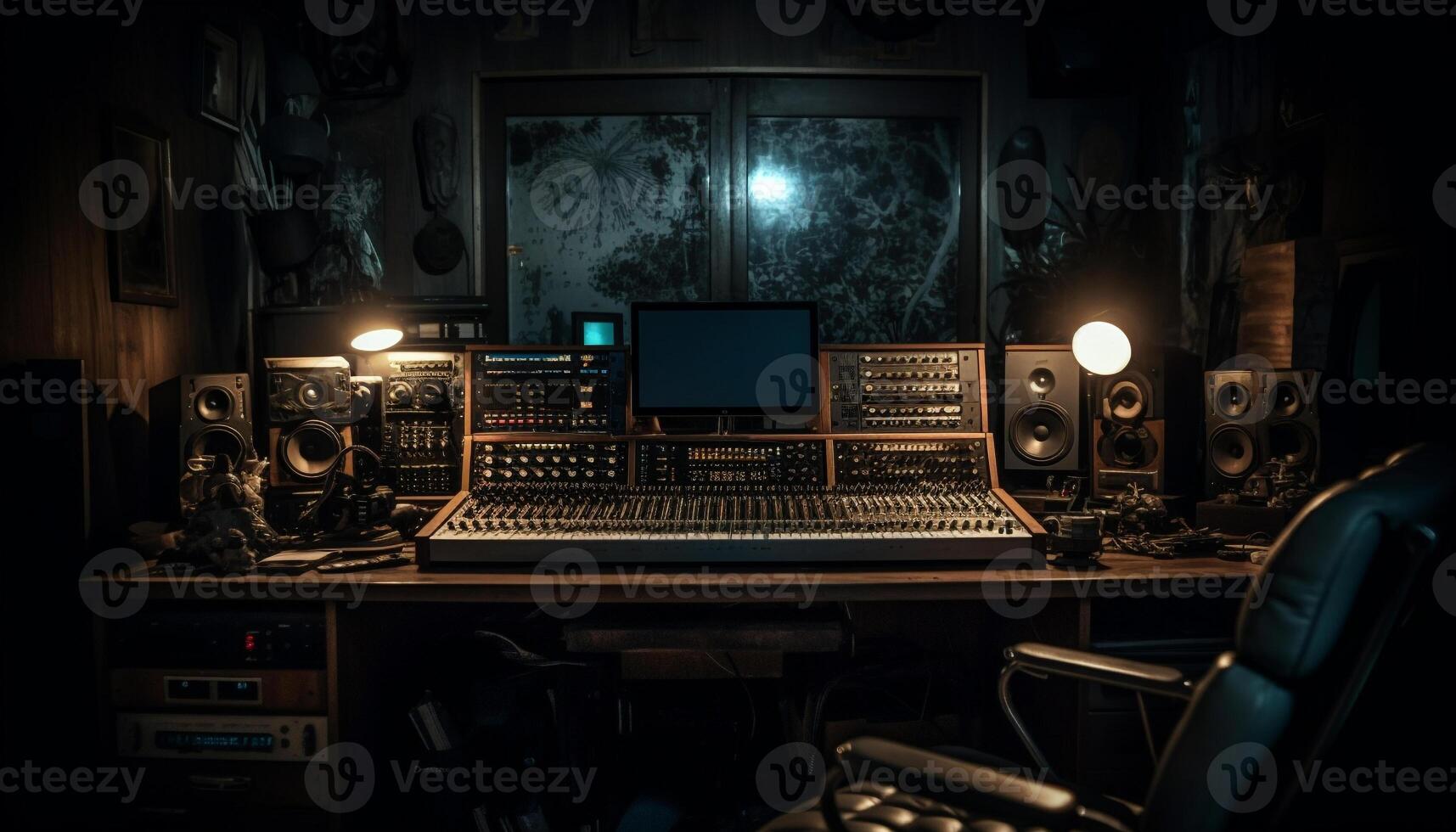 Modern equipment controls sound in old fashioned studio generated by AI photo