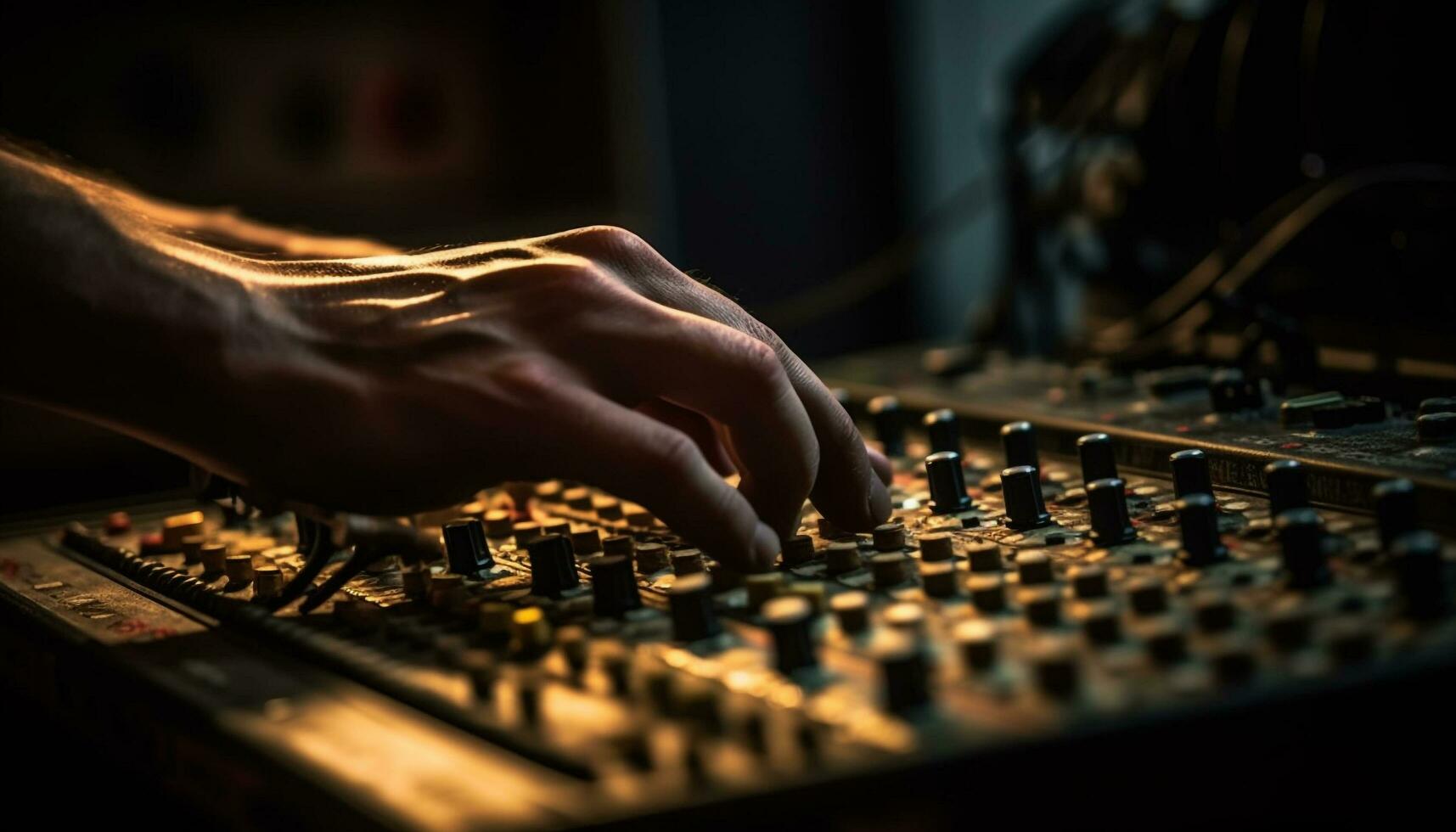 Sound engineer adjusting knob on illuminated mixer generated by AI photo