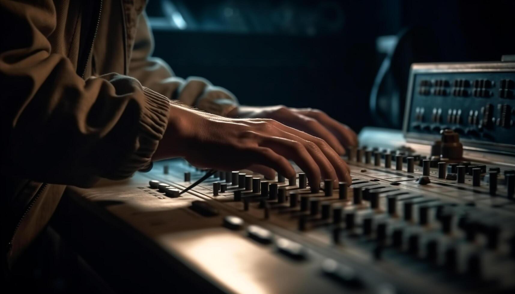 Sound engineer adjusting electric mixer in nightclub performance generated by AI photo