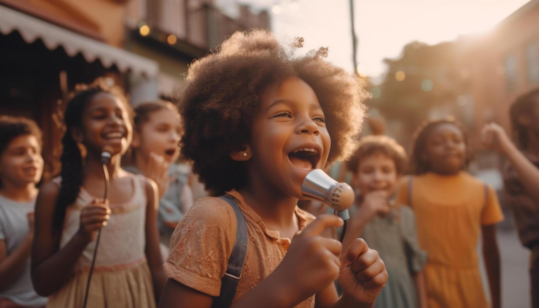 sonriente niños soplo burbujas en el luz de sol generado por ai foto