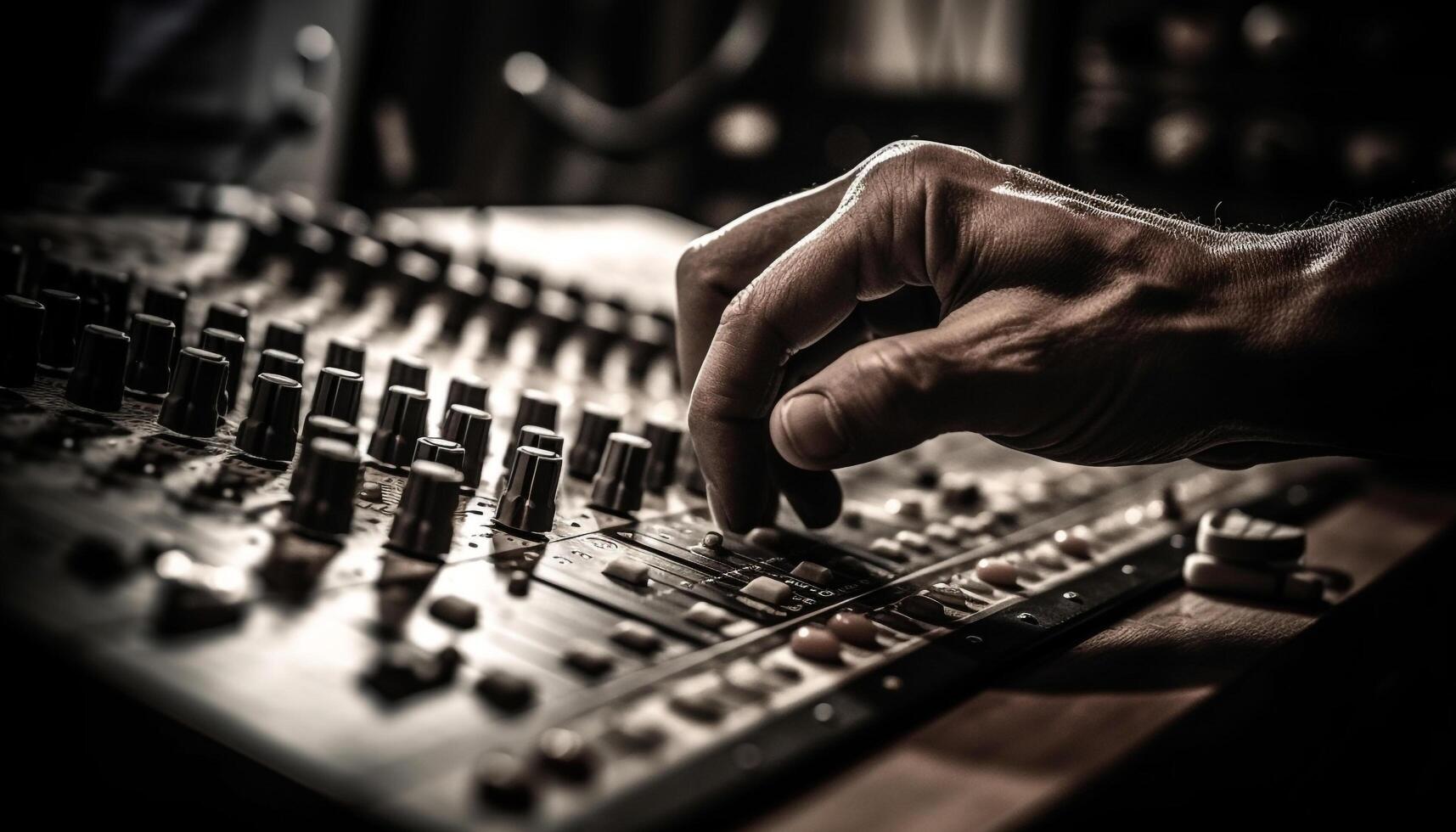 Expert musician adjusting sound mixer in recording studio generated by AI photo