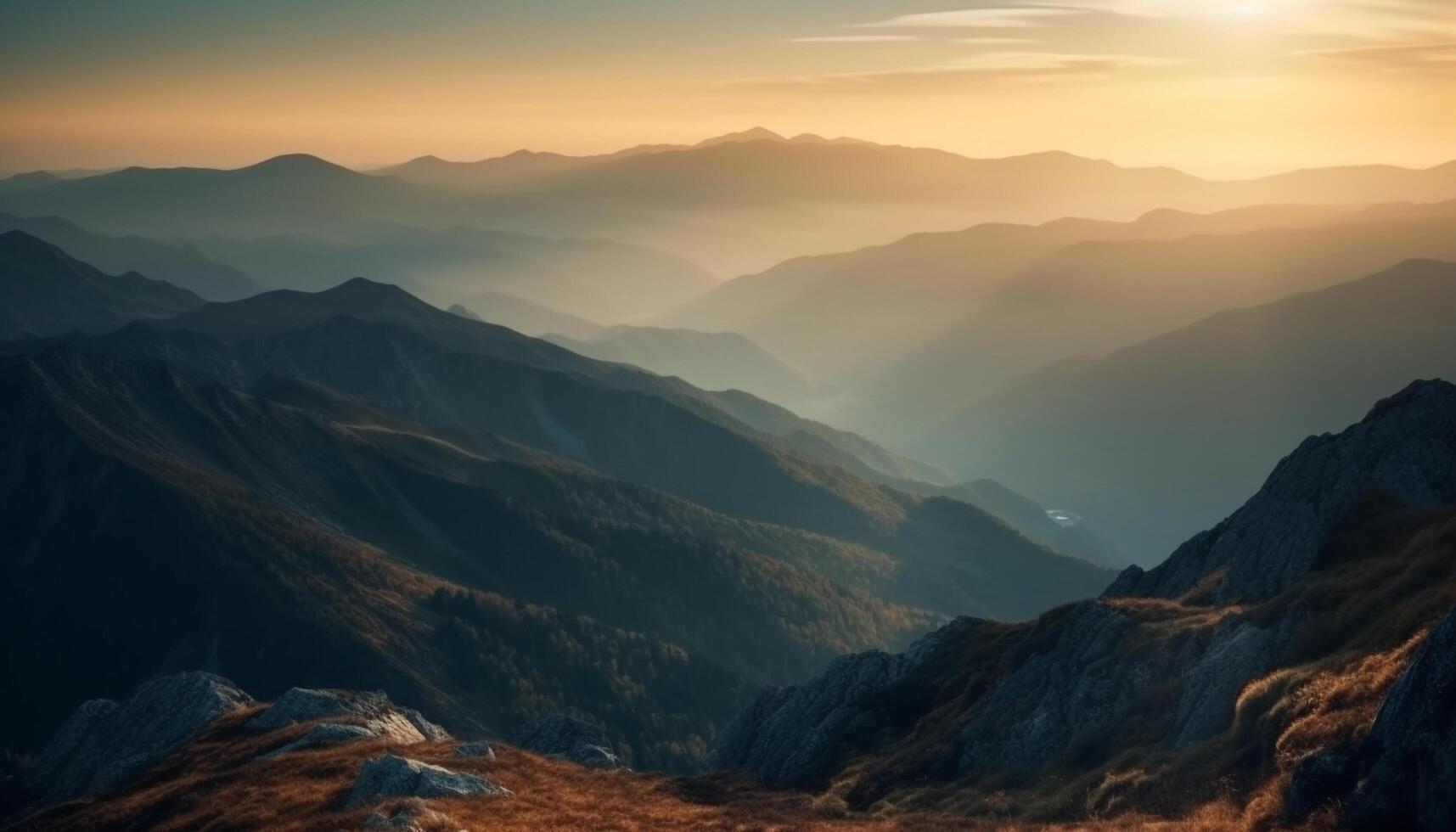 majestuoso montaña cima, tranquilo amanecer, panorámico paisaje generado por ai foto