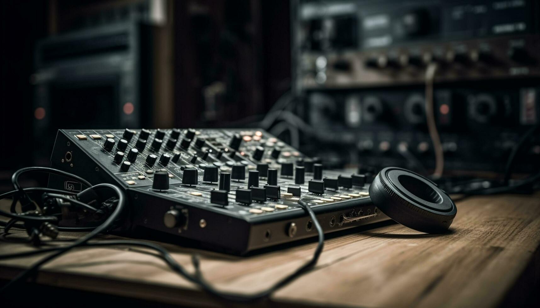 Sound engineer turns knob on mixing desk generated by AI photo
