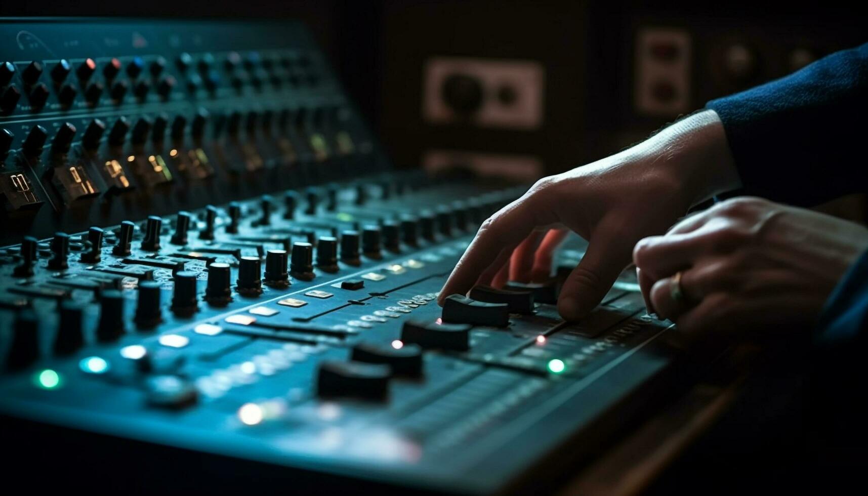 Sound engineer adjusting knobs on mixing board generated by AI photo