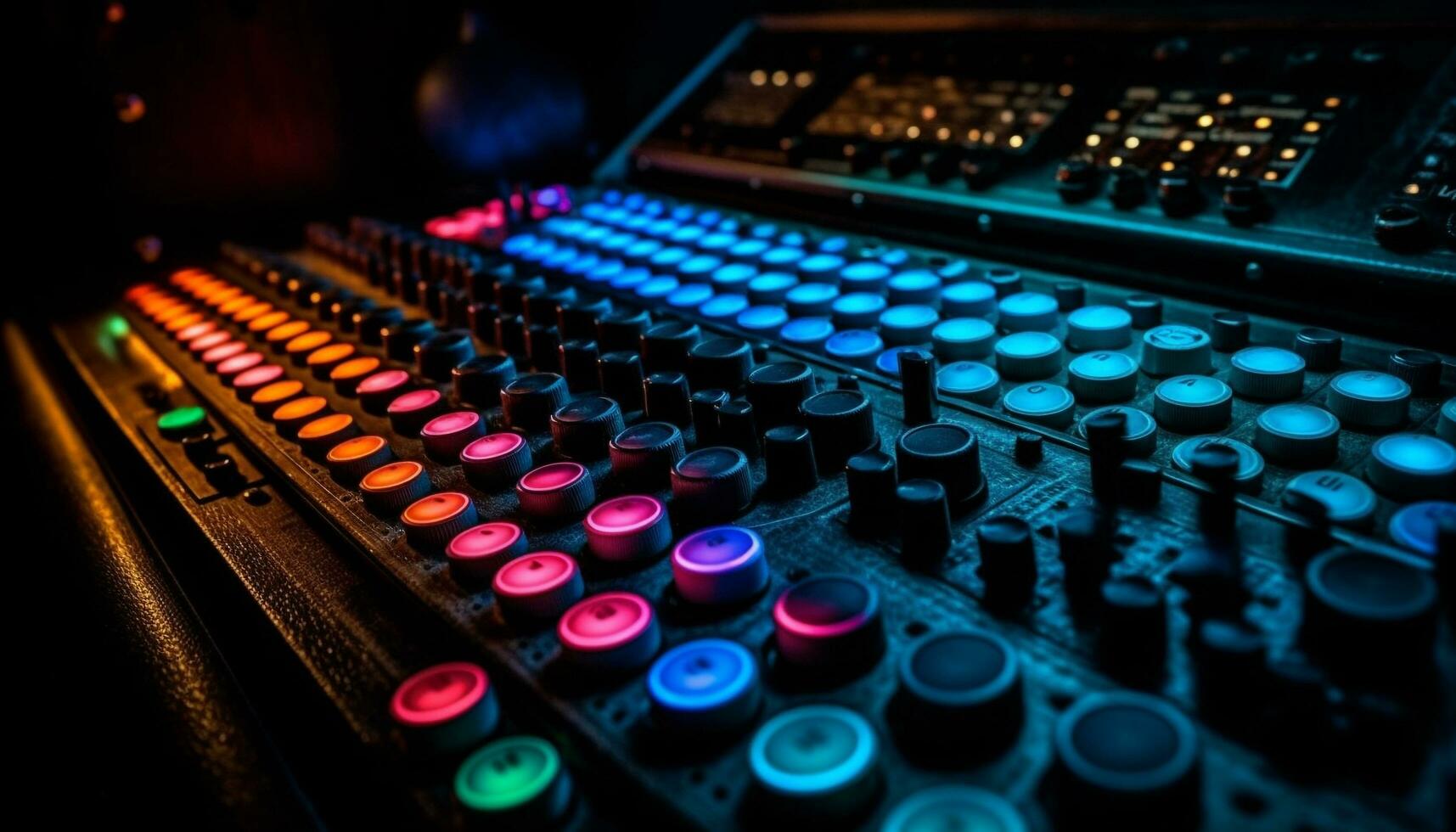 Blue knob illuminated, mixing sound in nightclub generated by AI photo