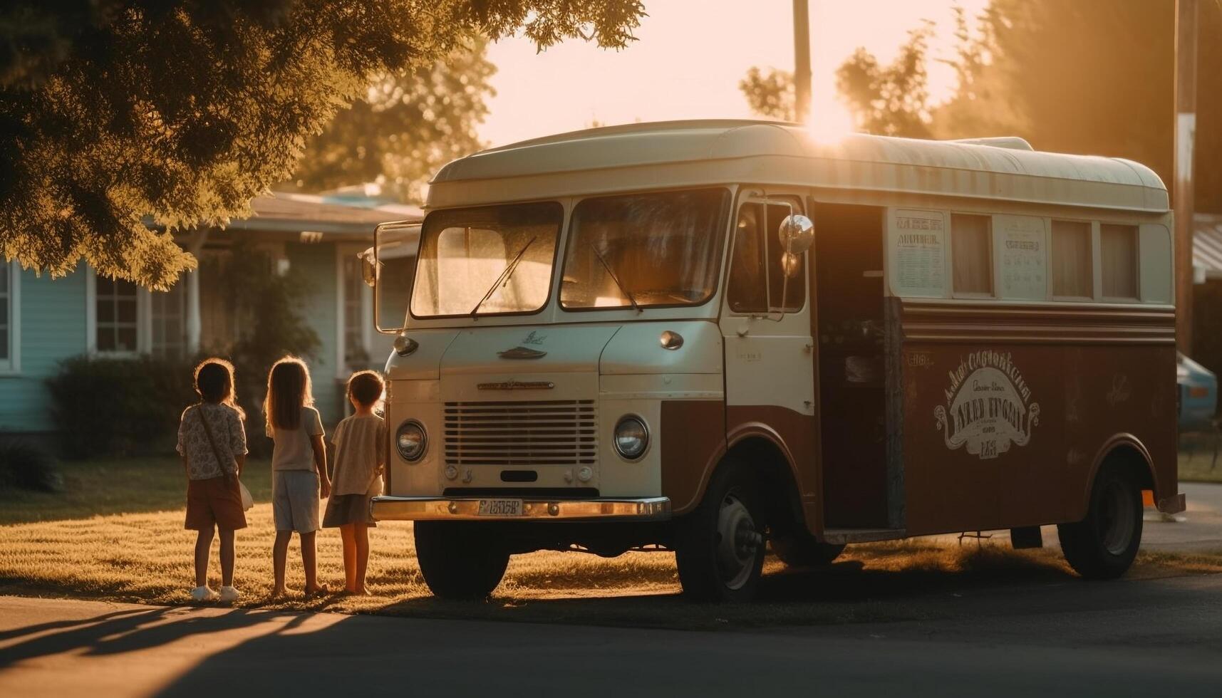 Sunset adventure Smiling family drives old fashioned motorhome generated by AI photo