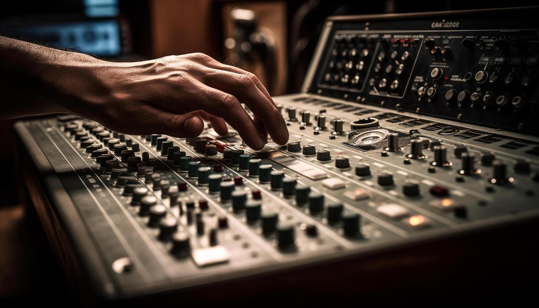 Hand adjusting sound mixer knob in recording studio generated by AI photo