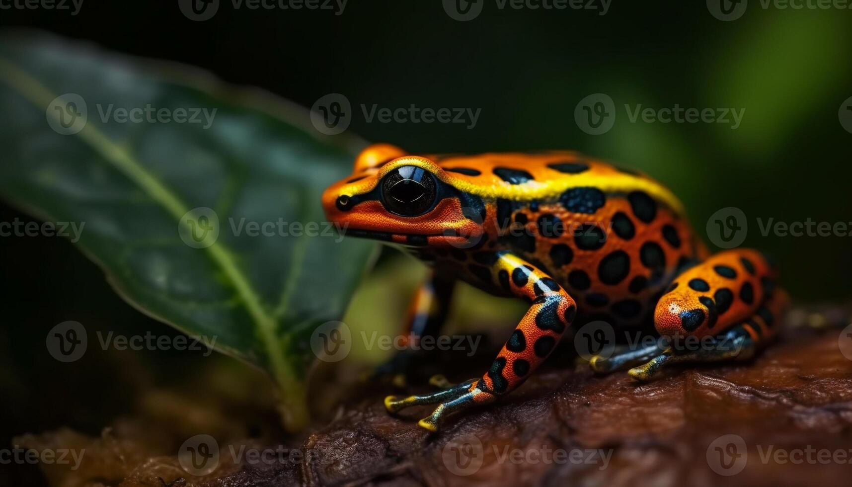 manchado veneno flecha rana sentado en hoja generado por ai foto