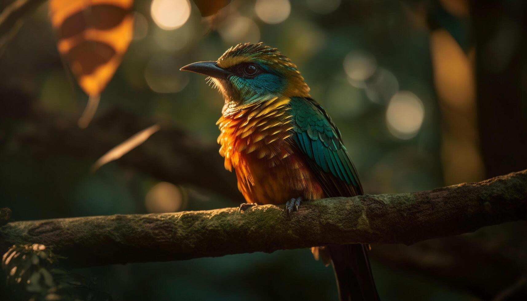 Vibrant macaw perching on branch in rainforest generated by AI photo