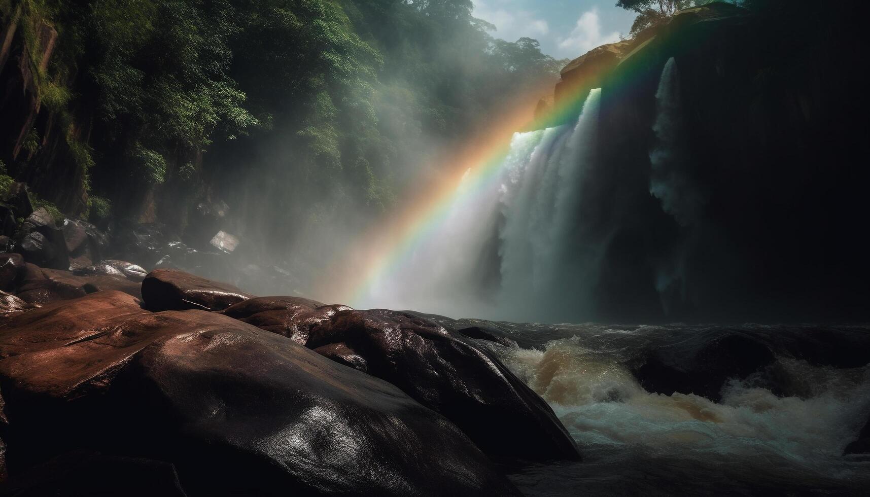 Majestic waterfall flowing over rocky cliff edge generated by AI photo