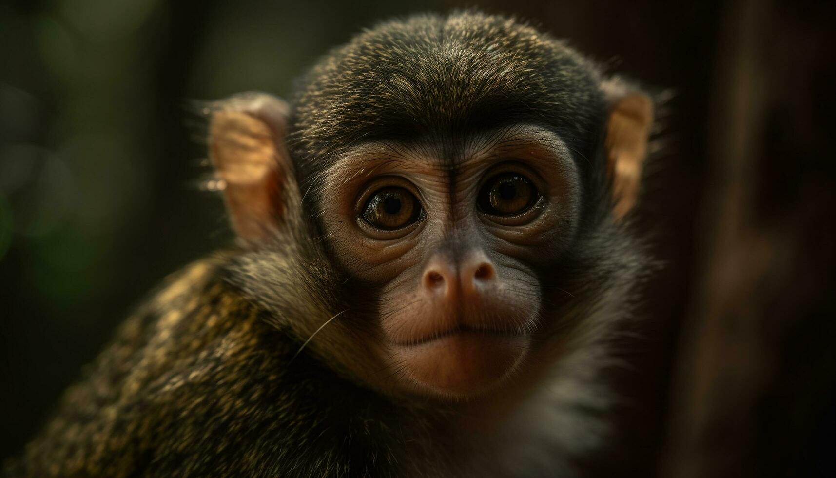 linda macaco curioso, retrato en bosque generado por ai foto