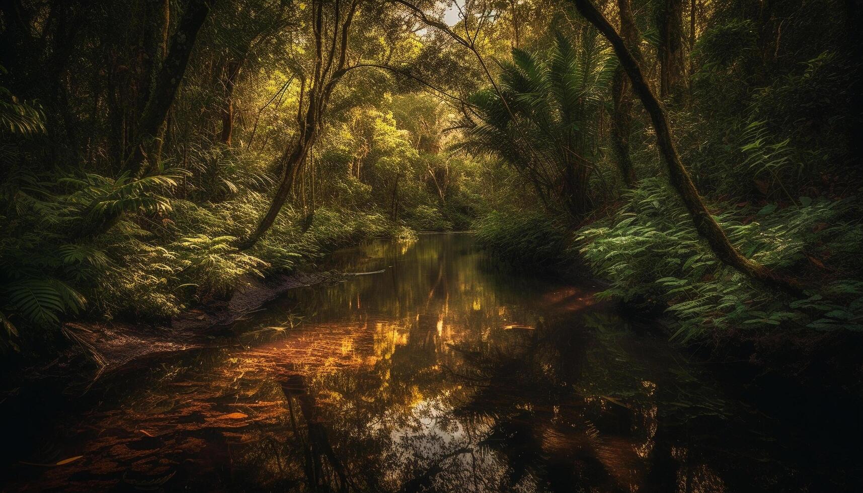 Tranquil scene of autumn forest by pond generated by AI photo