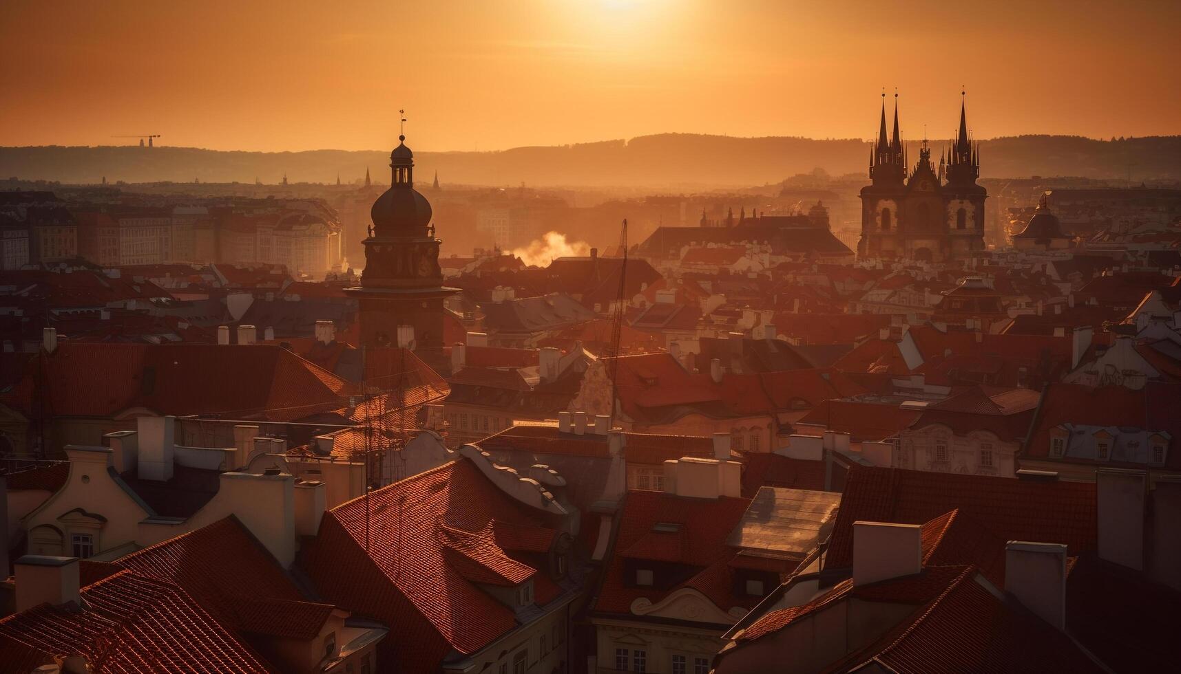 Medieval spires illuminate city skyline at dusk generated by AI photo