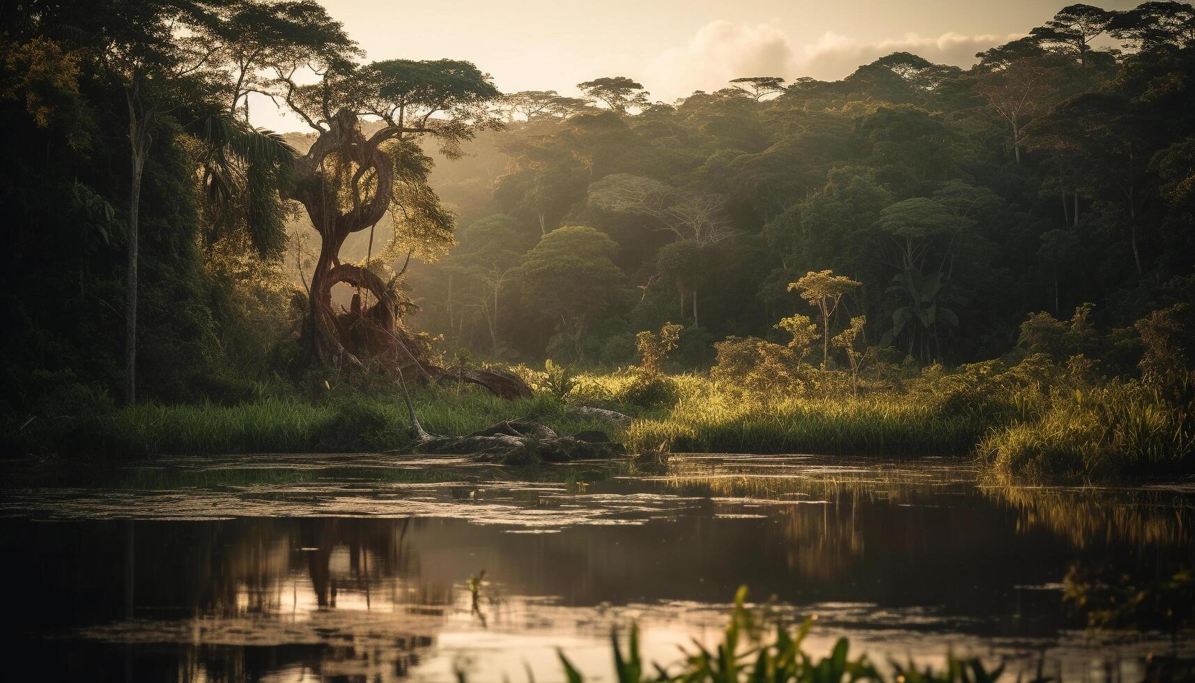 Tranquil scene of mountain range reflected in pond generated by AI photo