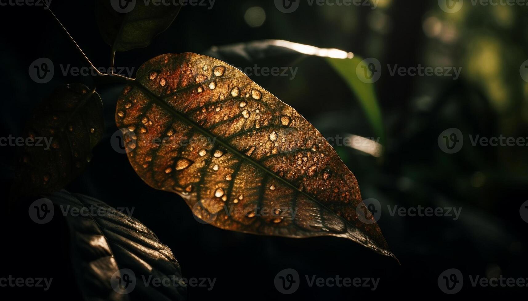 Fresh green leaf with dew in sunlight generated by AI photo