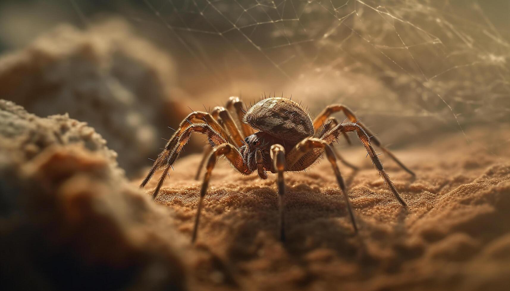 Spooky arachnid crawling on hairy spider web generated by AI photo