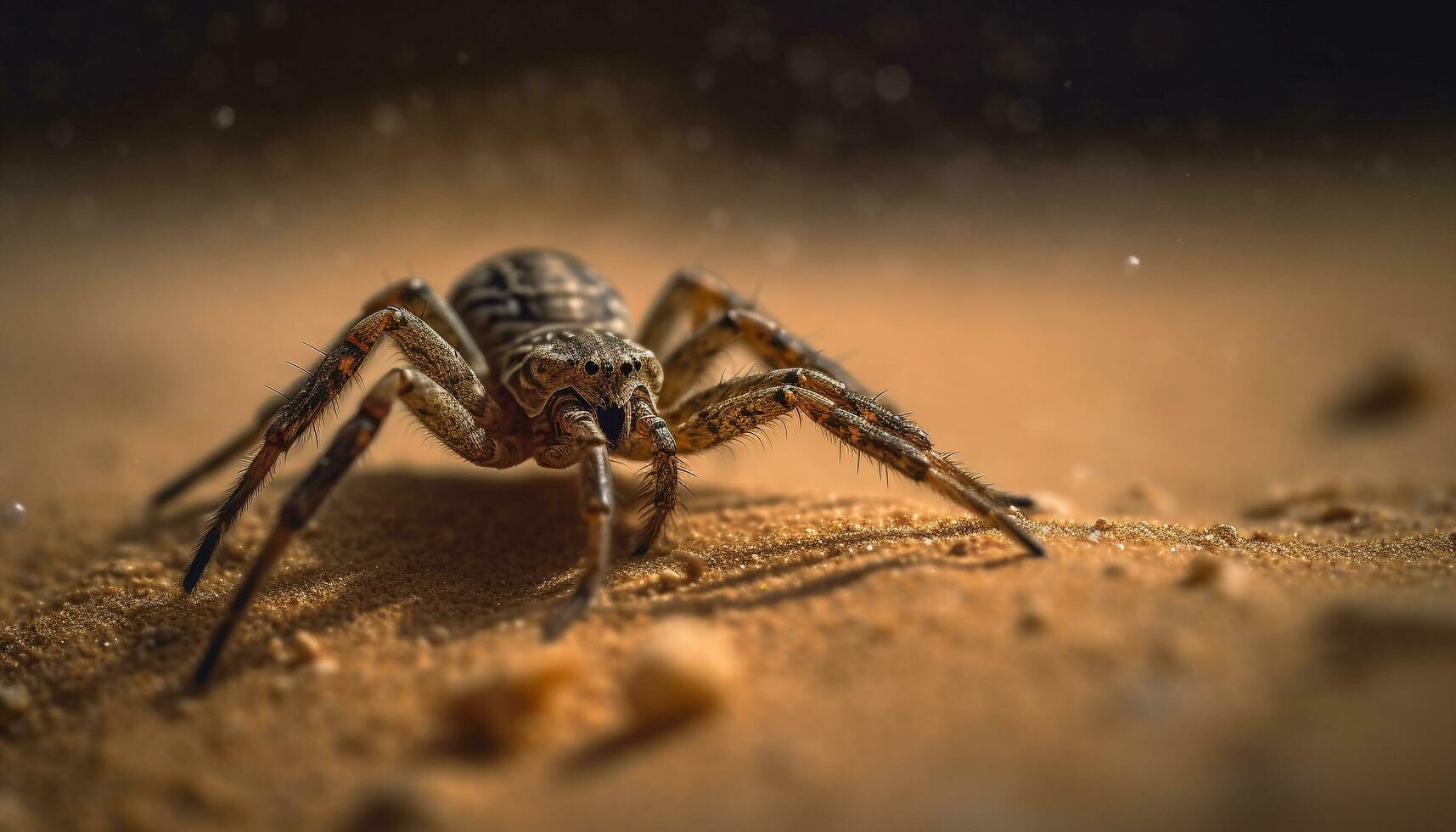 Spooky arachnid crawls on striped spider web generated by AI photo