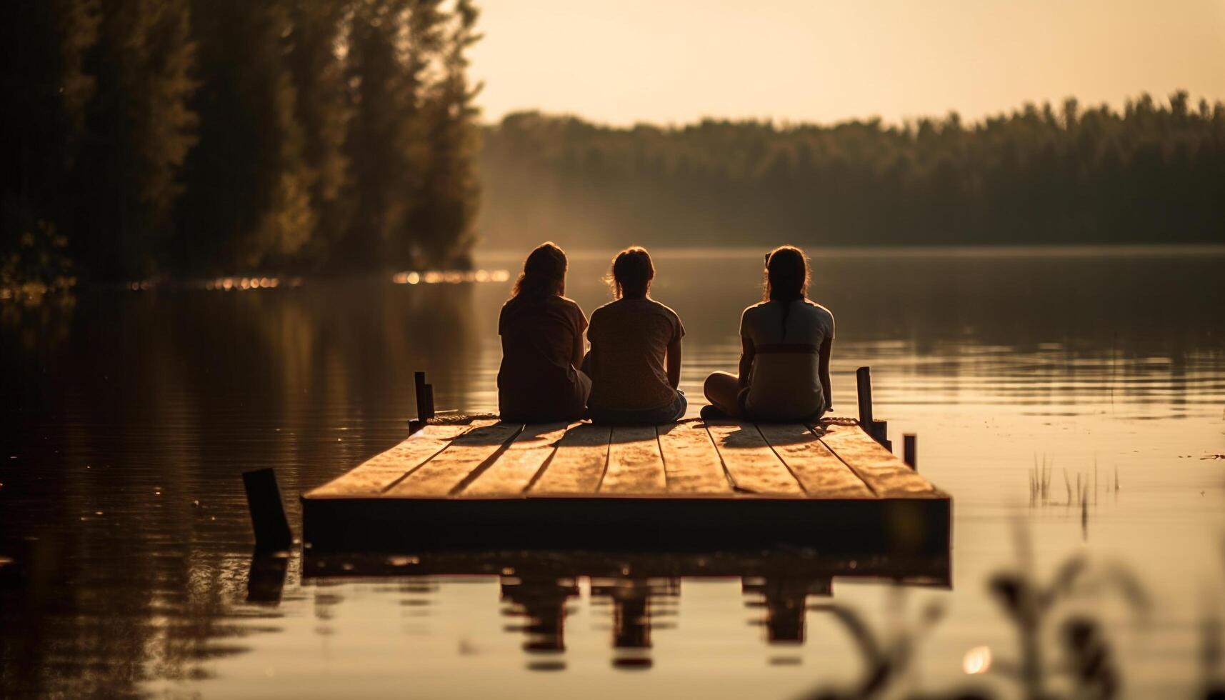 Two young adults embrace, enjoying tranquil sunset generated by AI photo