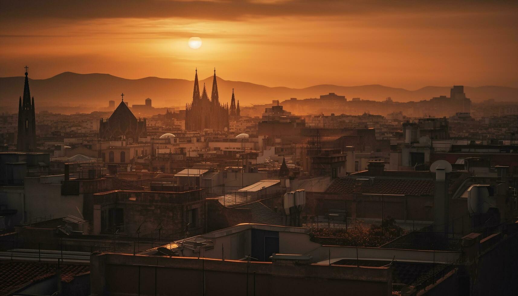 puesta de sol ilumina ciudad horizonte, antiguo minaretes silueta generado por ai foto