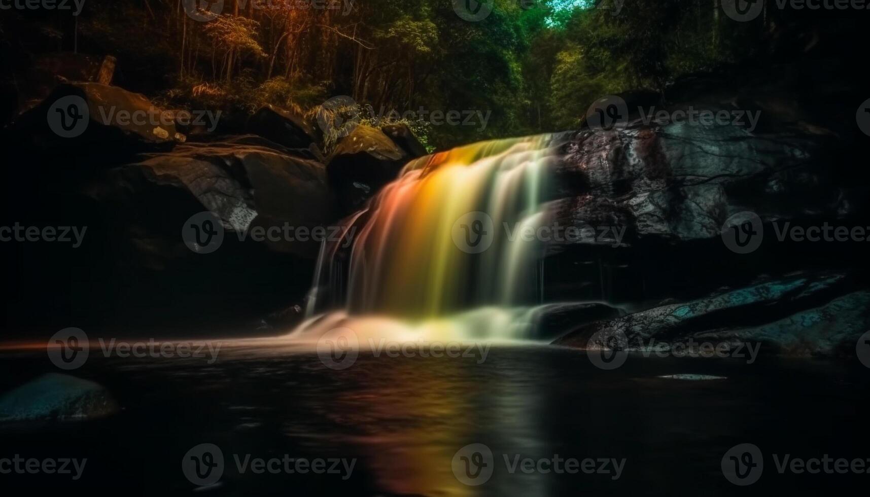 Smooth flowing water reflects majestic autumn landscape generated by AI photo